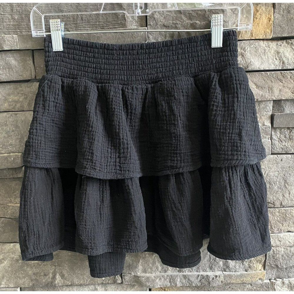 Mi Ami Black Tiered Skirt Cotton Elastic Waist Textured Material